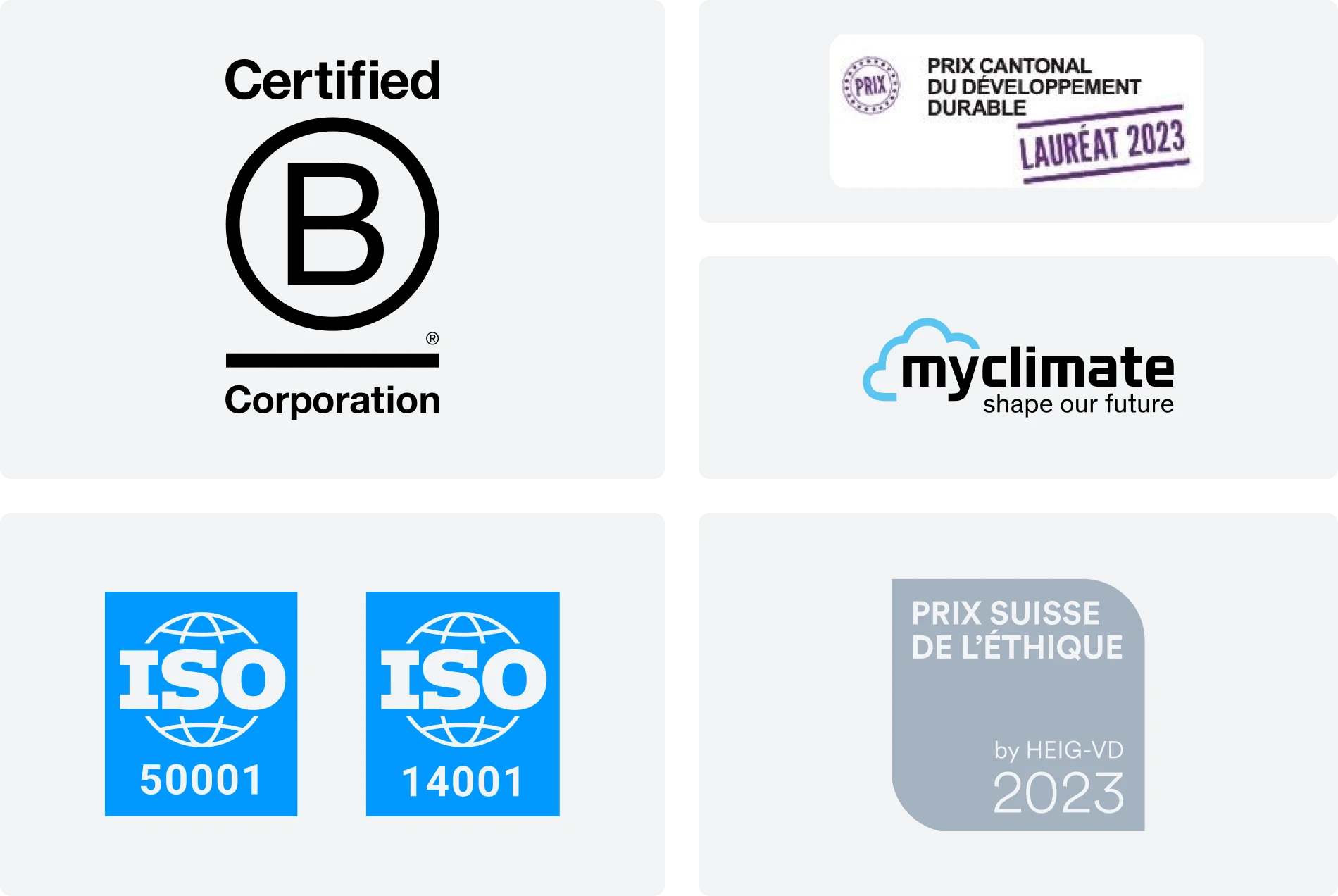 Several certifications including B Corp, ISO, MyClimate, etc.
