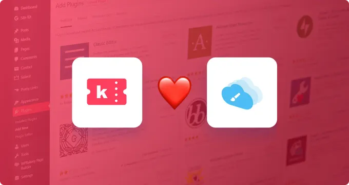 Ilustración del logotipo del producto de venta de entradas con un emoji de corazón, y luego el logotipo de Site Creator