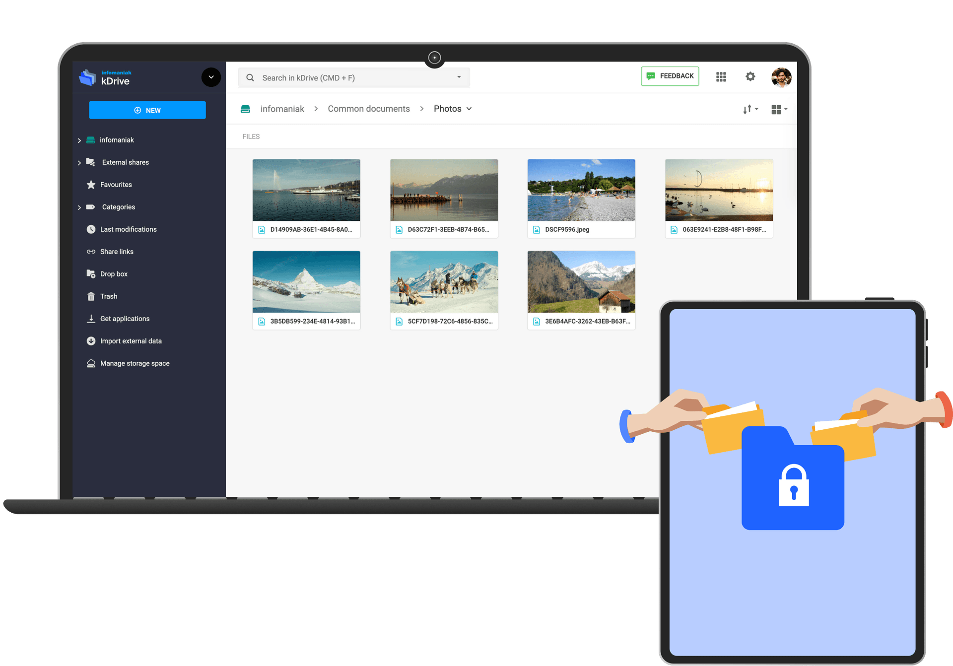 kDrive ist eine Alternative, mit der Sie Ihre Dateien und Fotos in einer ethischen Cloud speichern können.